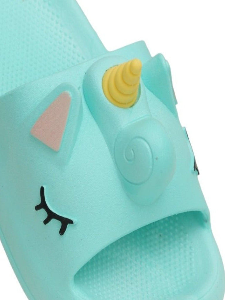 Close-up view of Aqua Unicorn-Themed Comfort Slides for Girls 