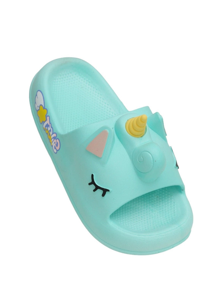 Aqua Unicorn-Themed Comfort Slides for Girls Front View