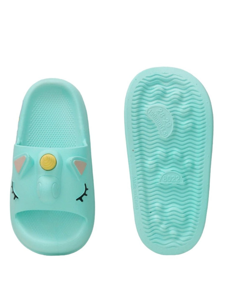 Top and bottom view of Aqua Unicorn-Themed Comfort Slides for Girls  by Yellow Bee