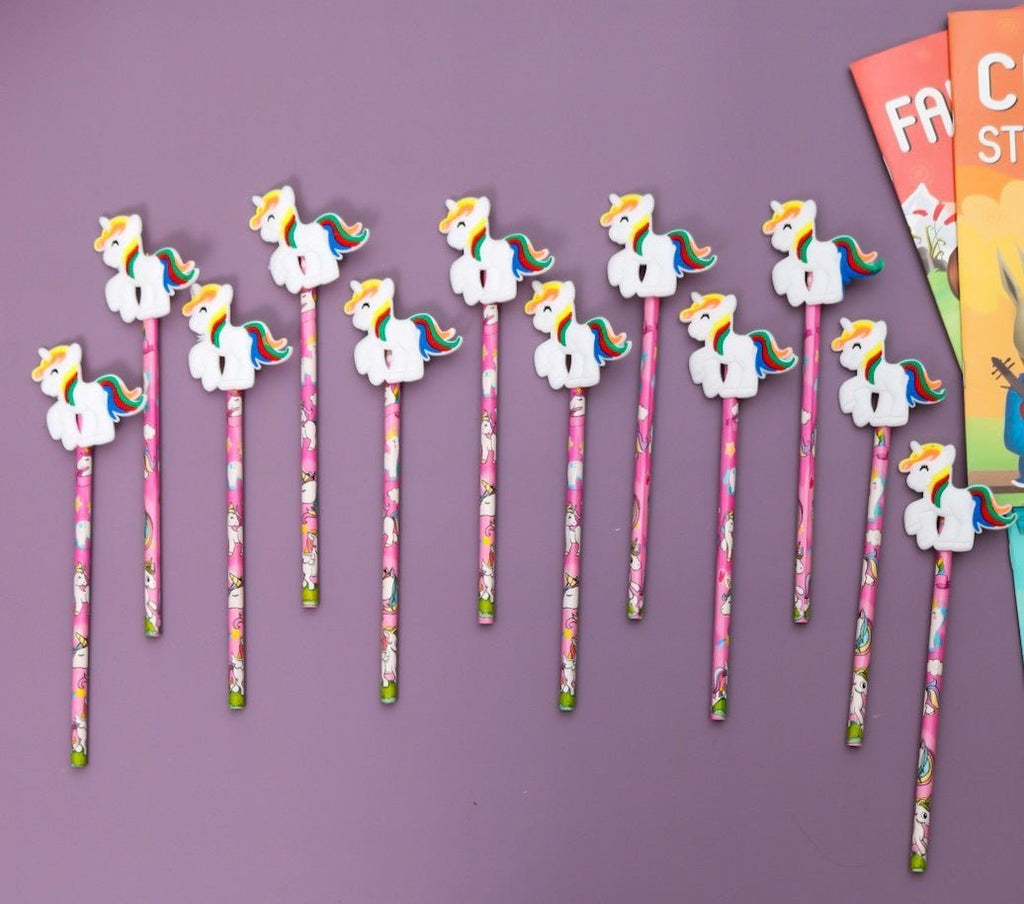 Pack of 12 Yellow Bee multicolored pencils with unicorn motifs for girls displayed on a purple background.