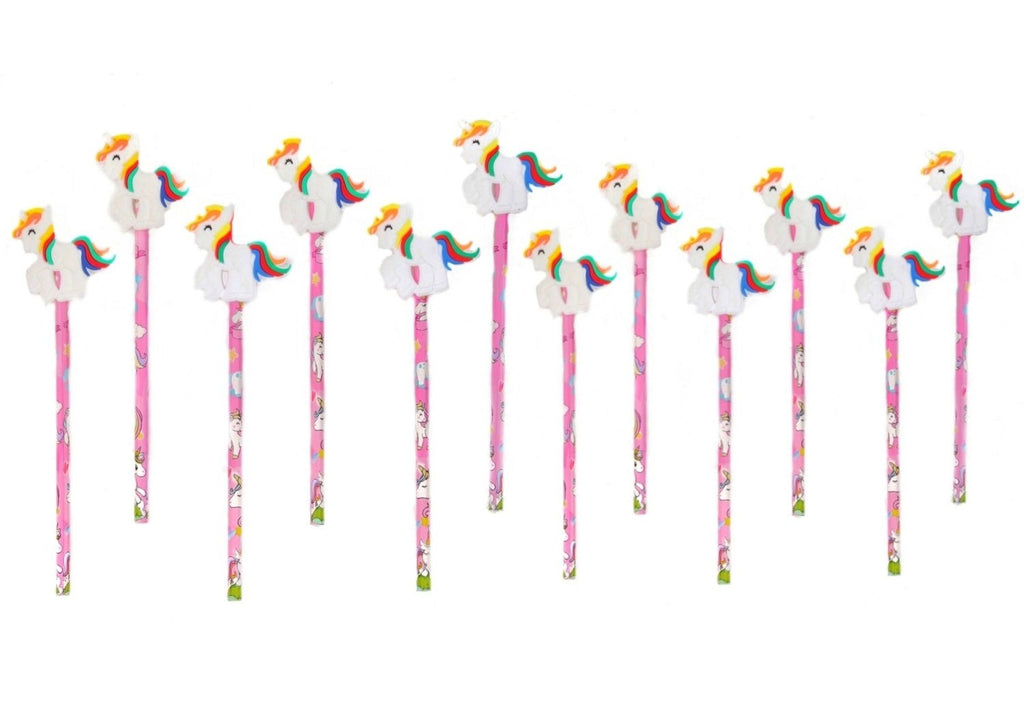 Front view of Yellow Bee pencils with unicorn toppers and vibrant multicolor designs.