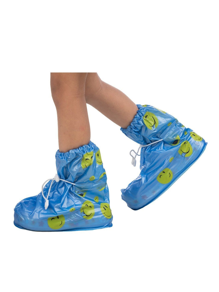 Front and back view of Yellow Bee Smiley Face Waterproof Rain Shoe Covers for Boys.