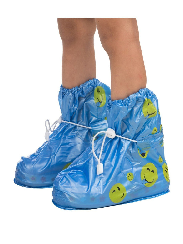 Angle view of Yellow Bee Smiley Face Waterproof Rain Shoe Covers for Boys in blue.