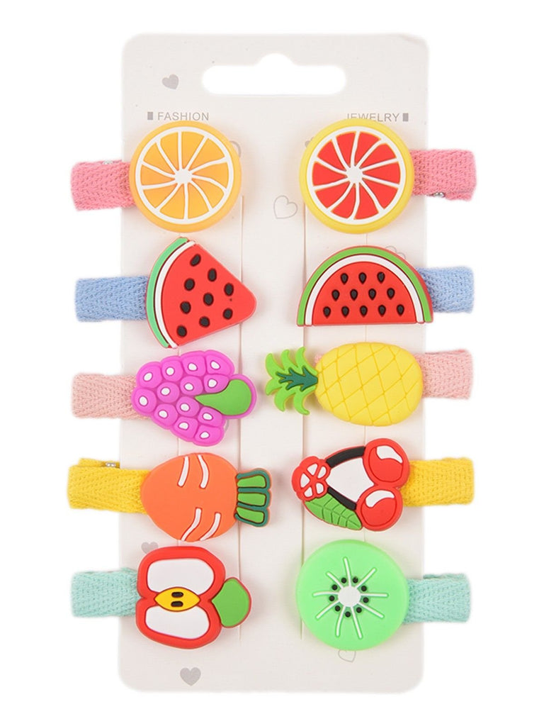 Front view of Yellow Bee's fruit-themed alligator hair clips set for children.