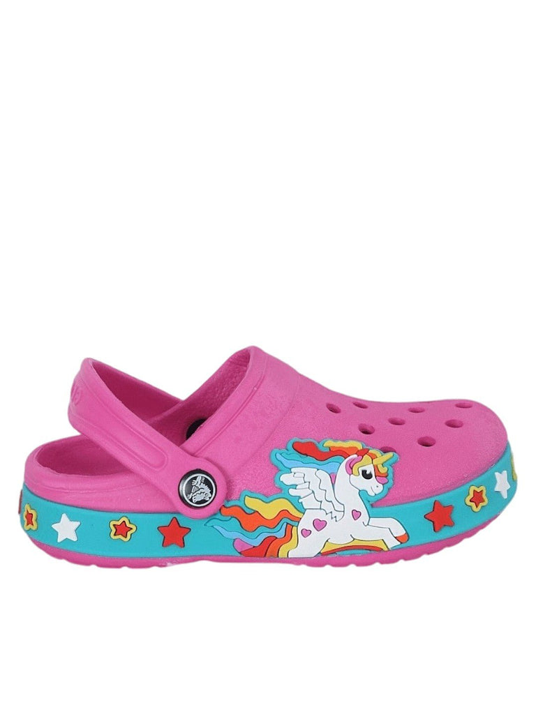 Side view of a fuchsia unicorn clog, highlighting the colorful border and charming design for kids