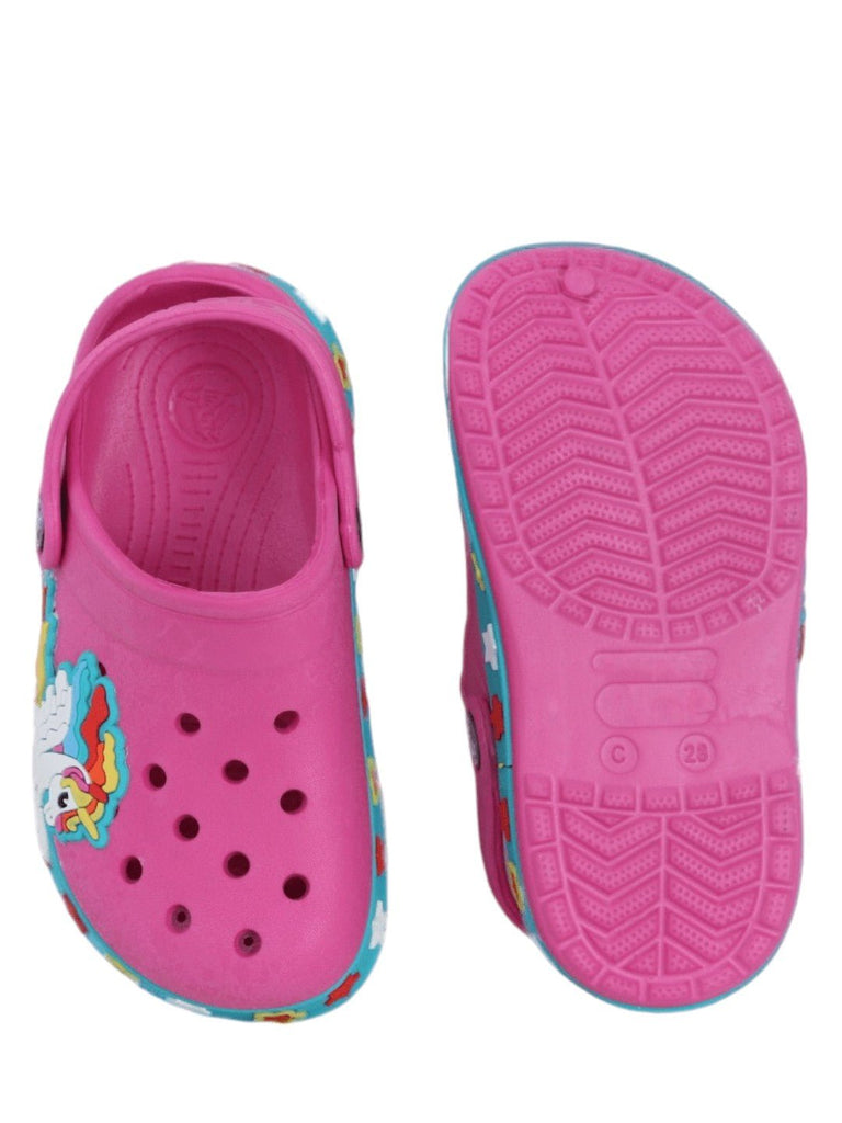 Top and sole perspective of kids' fuchsia unicorn clogs, emphasizing the non-slip design and fun patterns.