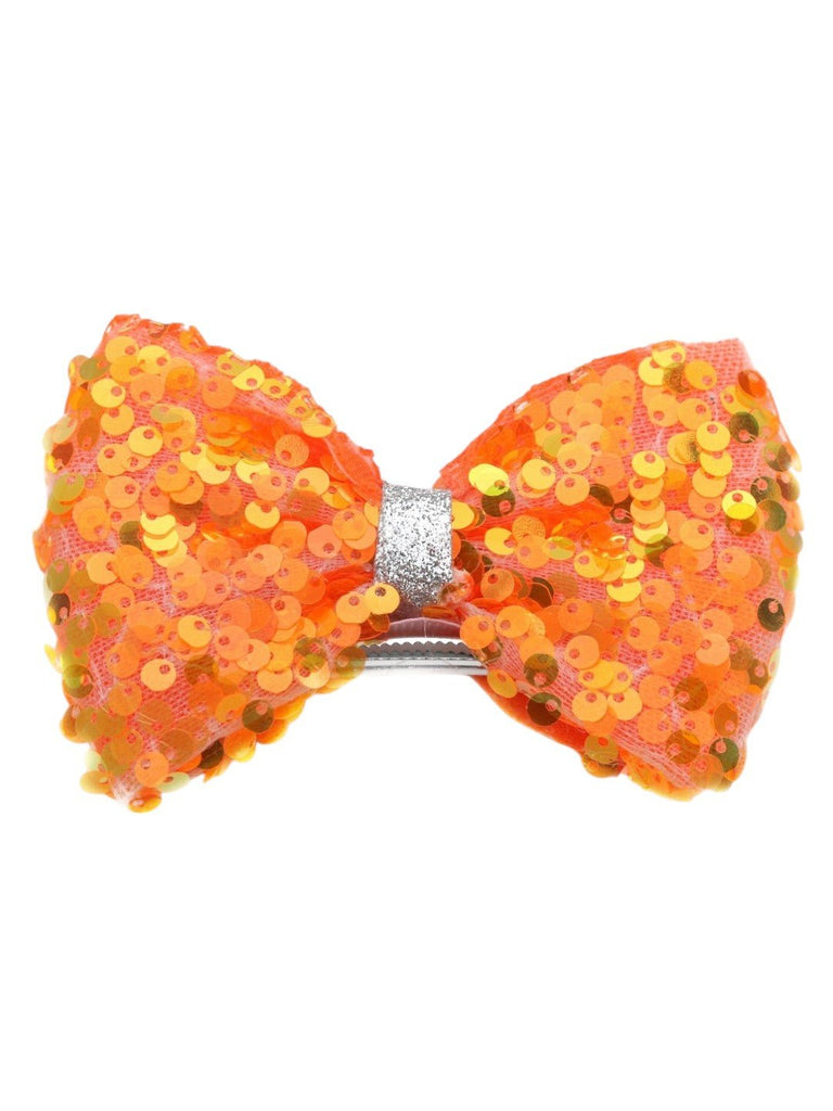 Vibrant Orange Sequin Bow Hair Clip – Stylish and Eye-Catching Design for Girls-Front View