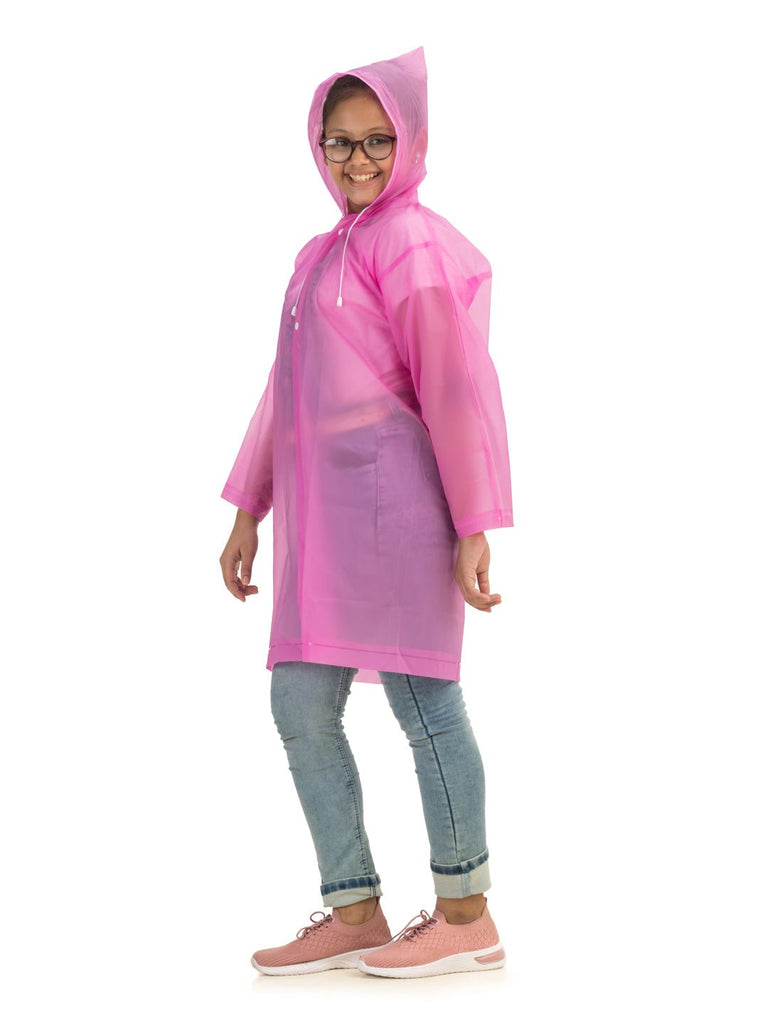 yellow bee vibrant pink hooded raincoat for girls side angle view