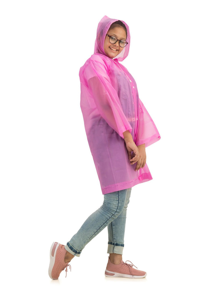 yellow bee vibrant pink hooded raincoat for girls side view.