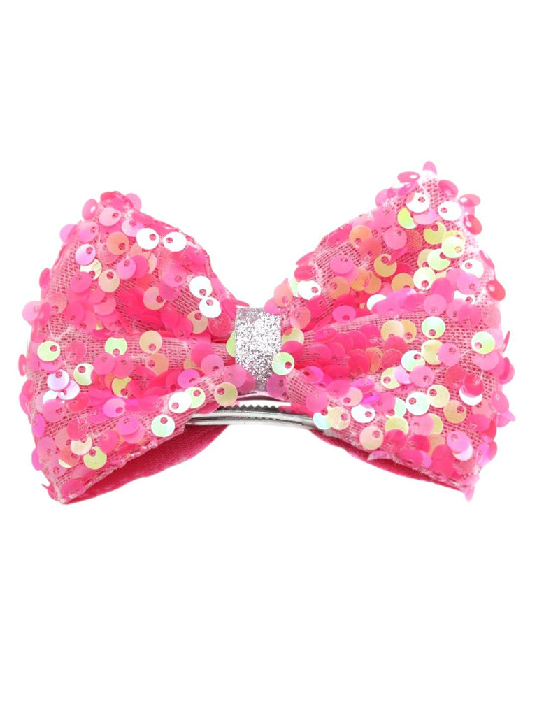 Vibrant Pink Sequin Bow Hair Clip for Girls - Sparkly and Stylish Accessor-Front View