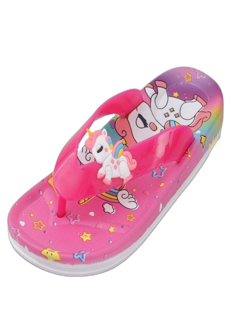 Angle view of Vibrant Pink Unicorn Slides with bright strap for girls by Yellow Bee