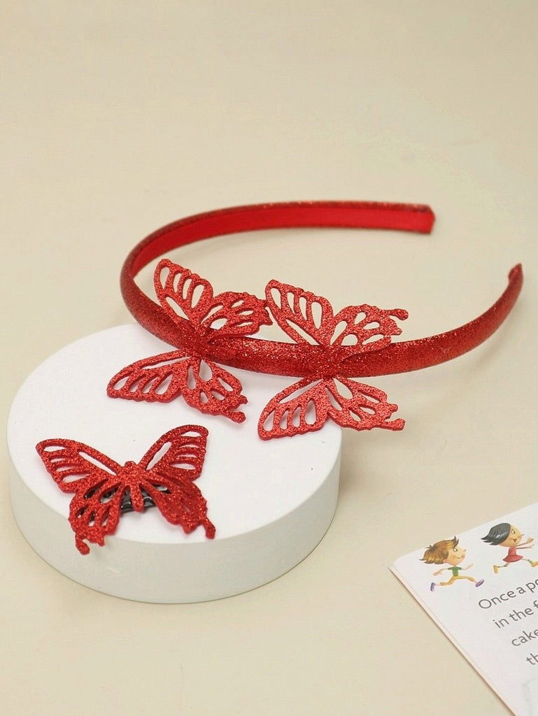 Display of Yellow Bee Vibrant Red Lace Butterfly Hairband Set on white background