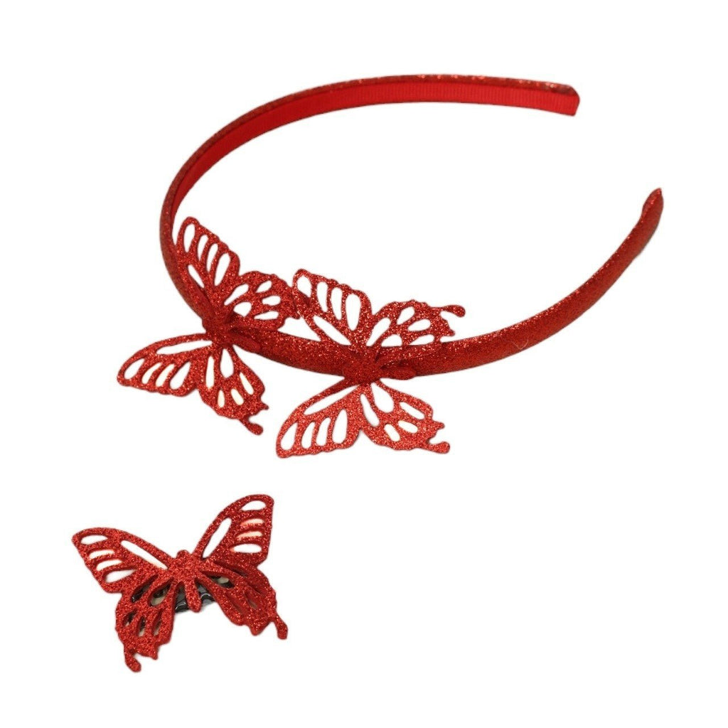 Detailed view of Yellow Bee Vibrant Red Lace Butterfly Hair Clip