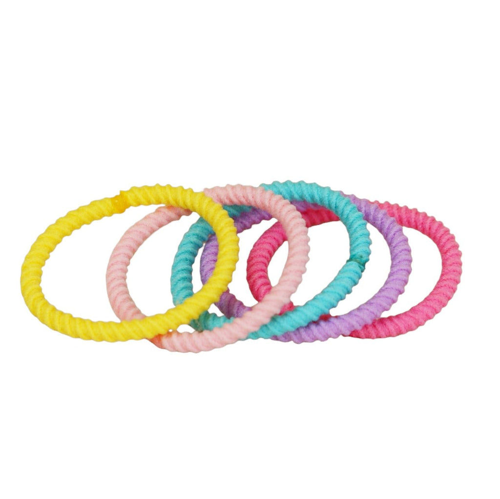 A close-up of Yellow Bee's soft braided hair ties in a variety of vivid colors.