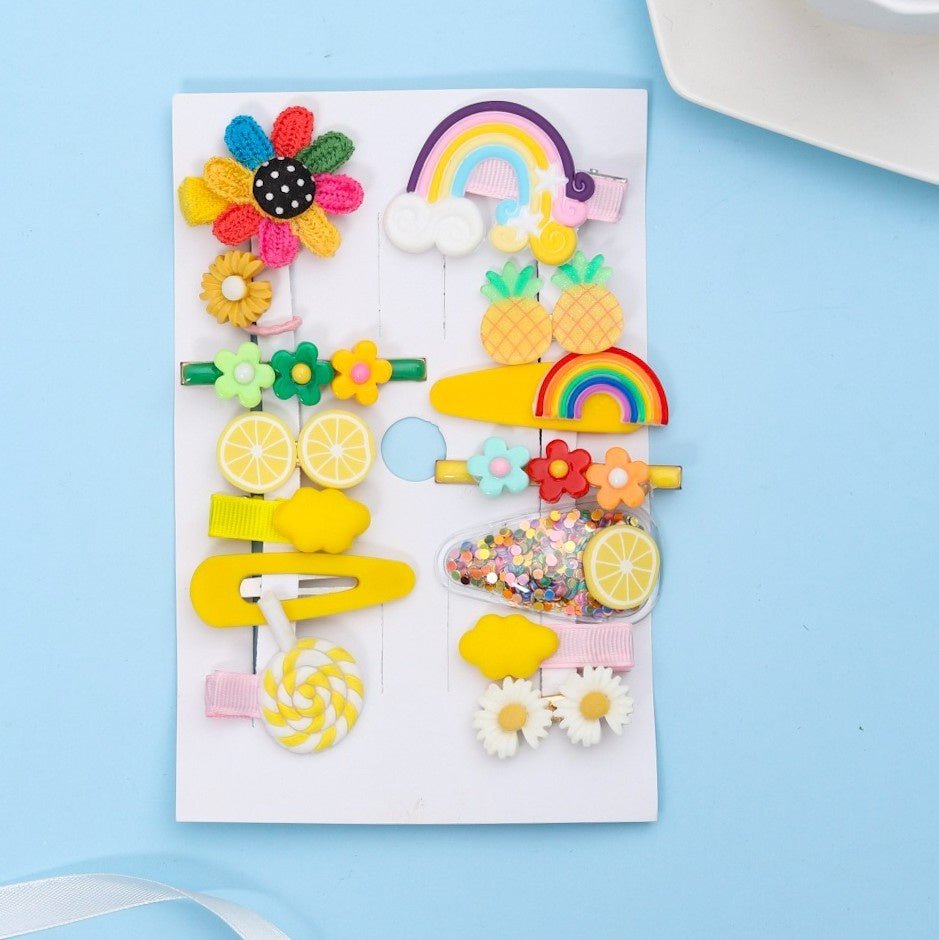 Creative display of Yellow Bee's assorted yellow hair clips for girls, showcasing the fun and variety in designs.