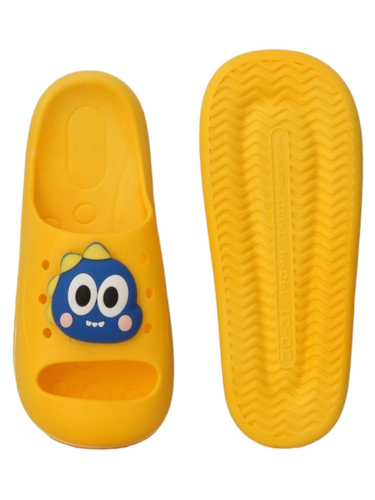 Front and back view of Vibrant Yellow Dino Sliders for Boys