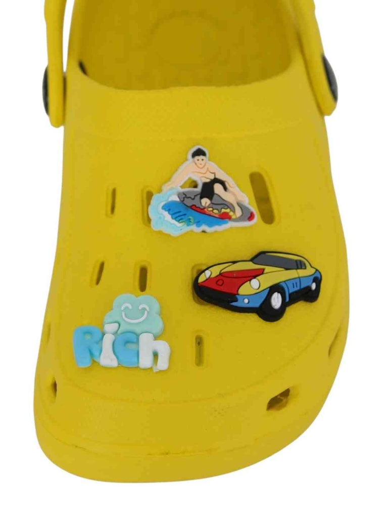 Vibrant Yellow Clogs with Eye-Catching Surfing, Race Car & 'Rich' Charms for Boys-Front View