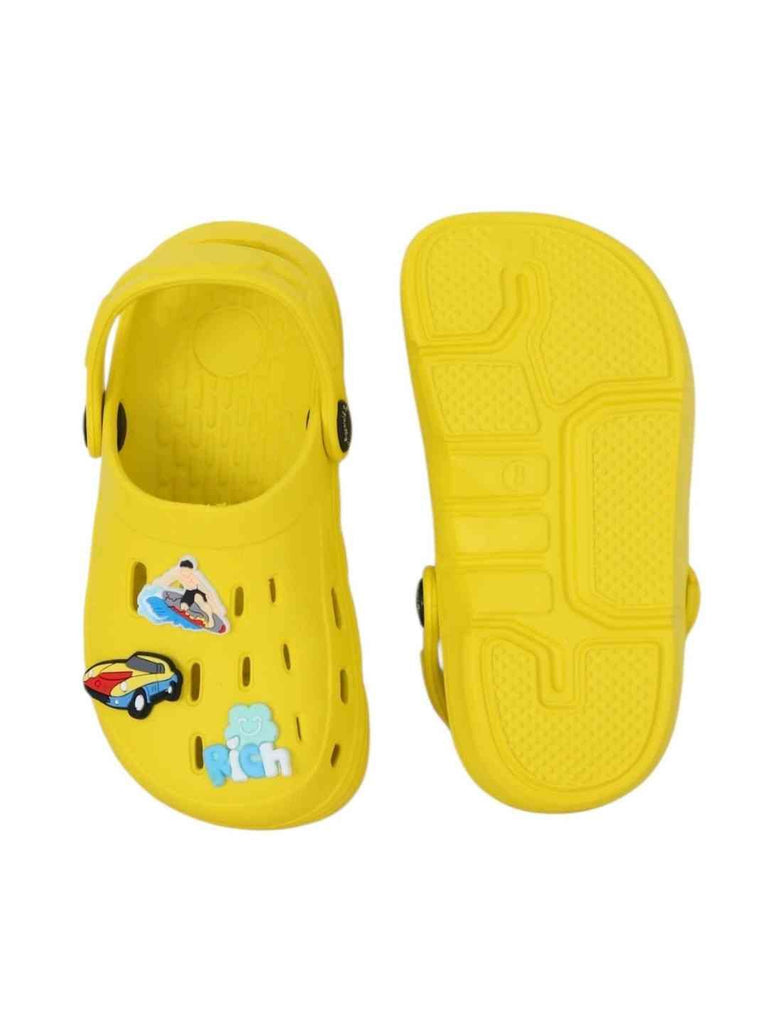 Vibrant Yellow Clogs with Eye-Catching Surfing, Race Car & 'Rich' Charms for Boys-Front & Back View