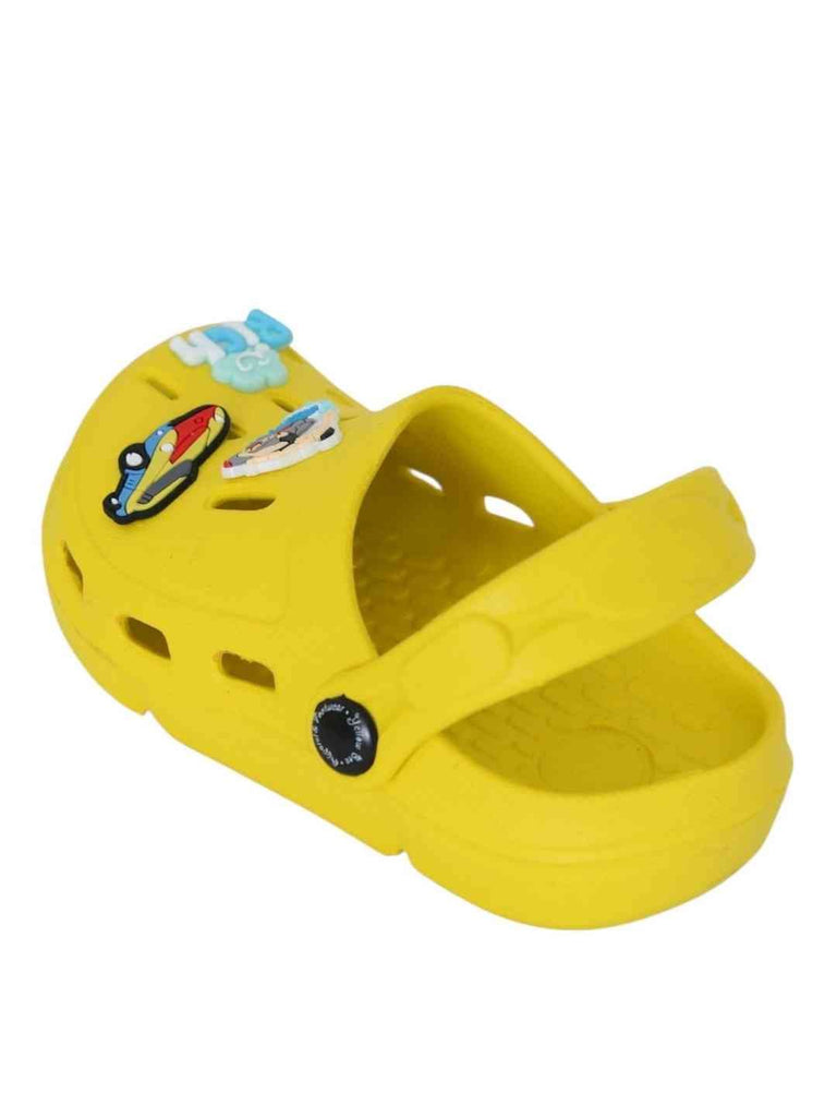 Vibrant Yellow Clogs with Eye-Catching Surfing, Race Car & 'Rich' Charms for Boys-Back View