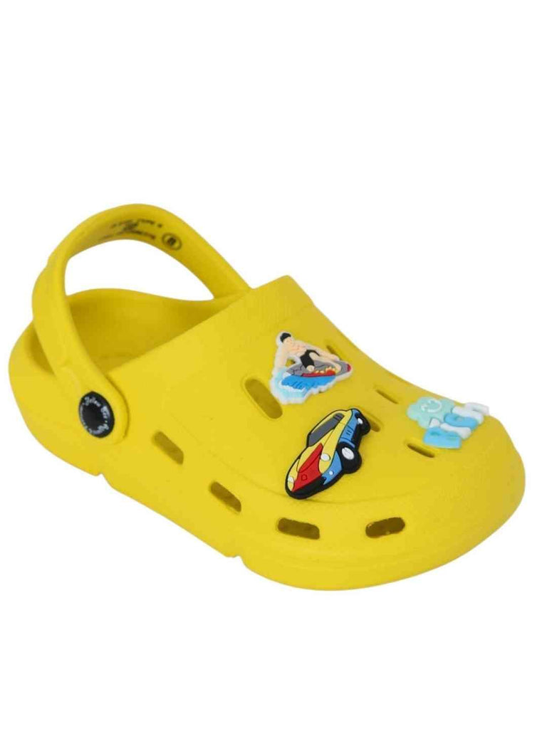 Vibrant Yellow Clogs with Eye-Catching Surfing, Race Car & 'Rich' Charms for Boys-Angle View