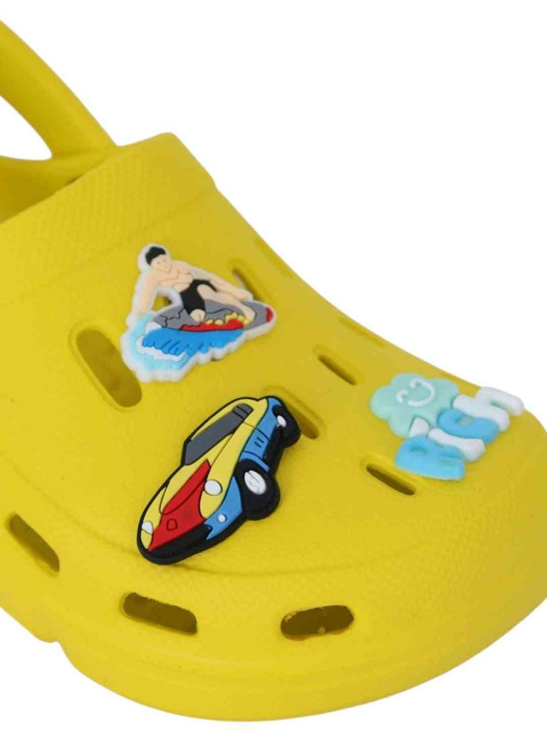 Vibrant Yellow Clogs with Eye-Catching Surfing, Race Car & 'Rich' Charms for Boys-Close up view