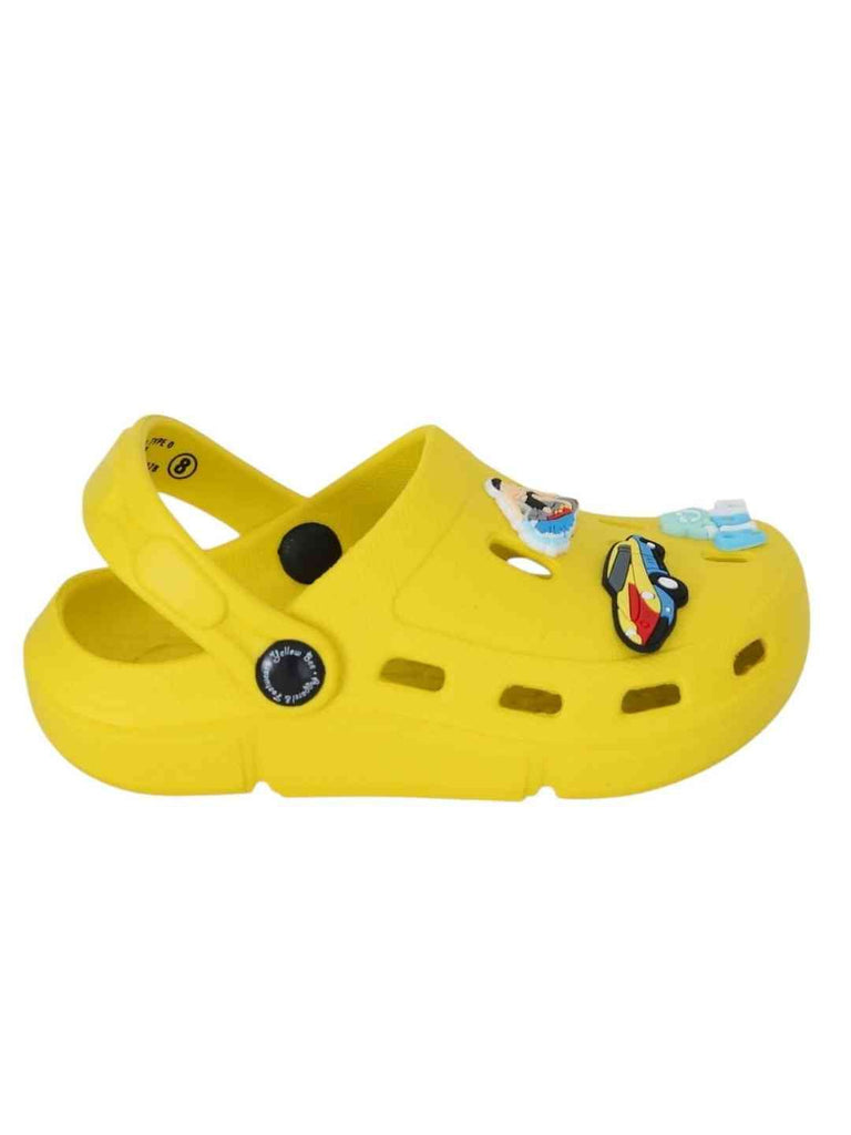 Vibrant Yellow Clogs with Eye-Catching Surfing, Race Car & 'Rich' Charms for Boys-Side View