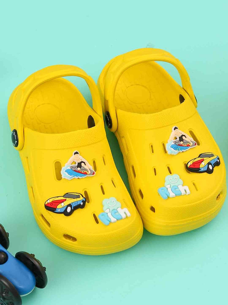 Vibrant Yellow Clogs with Eye-Catching Surfing, Race Car & 'Rich' Charms for Boys-Creating View