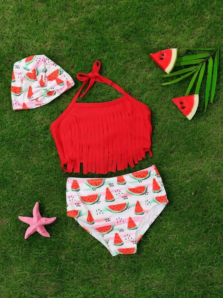 Watermelon Tassels Bikini Swimsuit and Cap Set for Girls