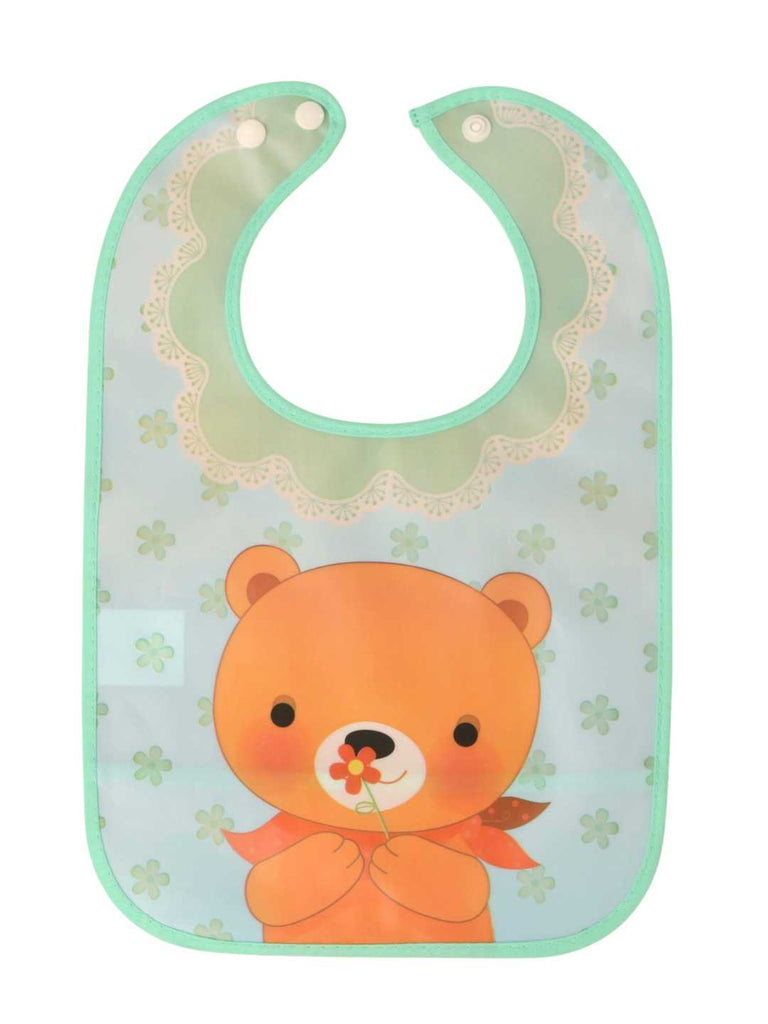 Baby Bib Combo - Adorable Panda with Baby Bird & Gentle Bear with Flower Print in Blue - Front View