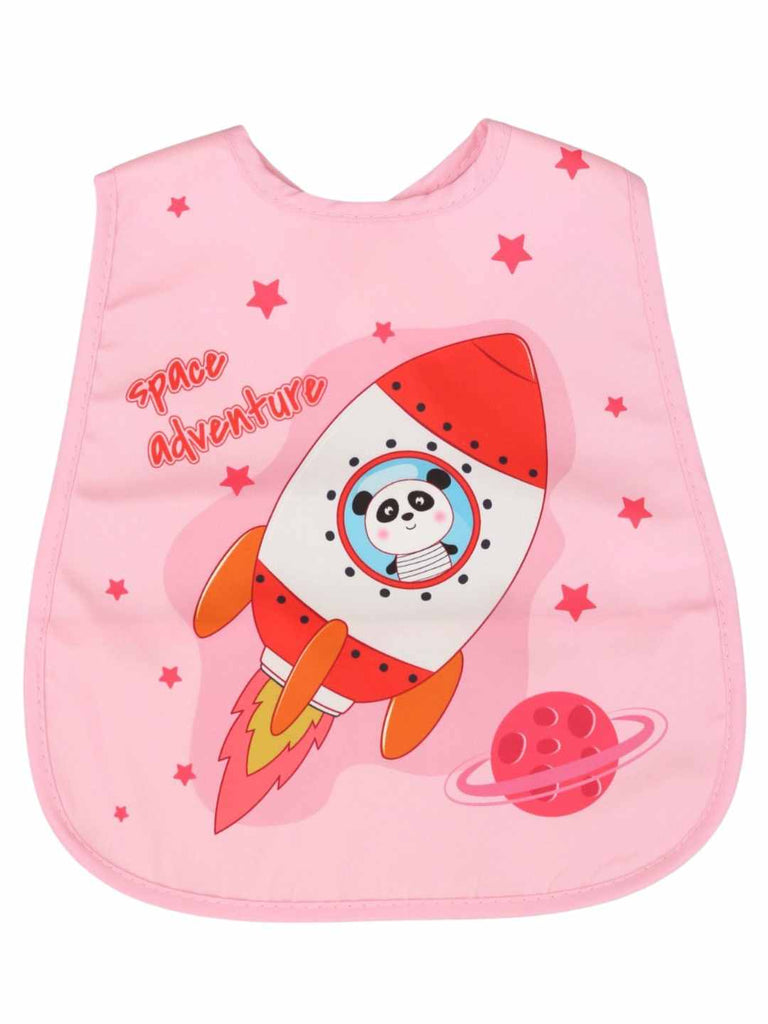 YellowBeeBabyFeedingBib_PinkSpacePandainRocketPrint-FrontView 1