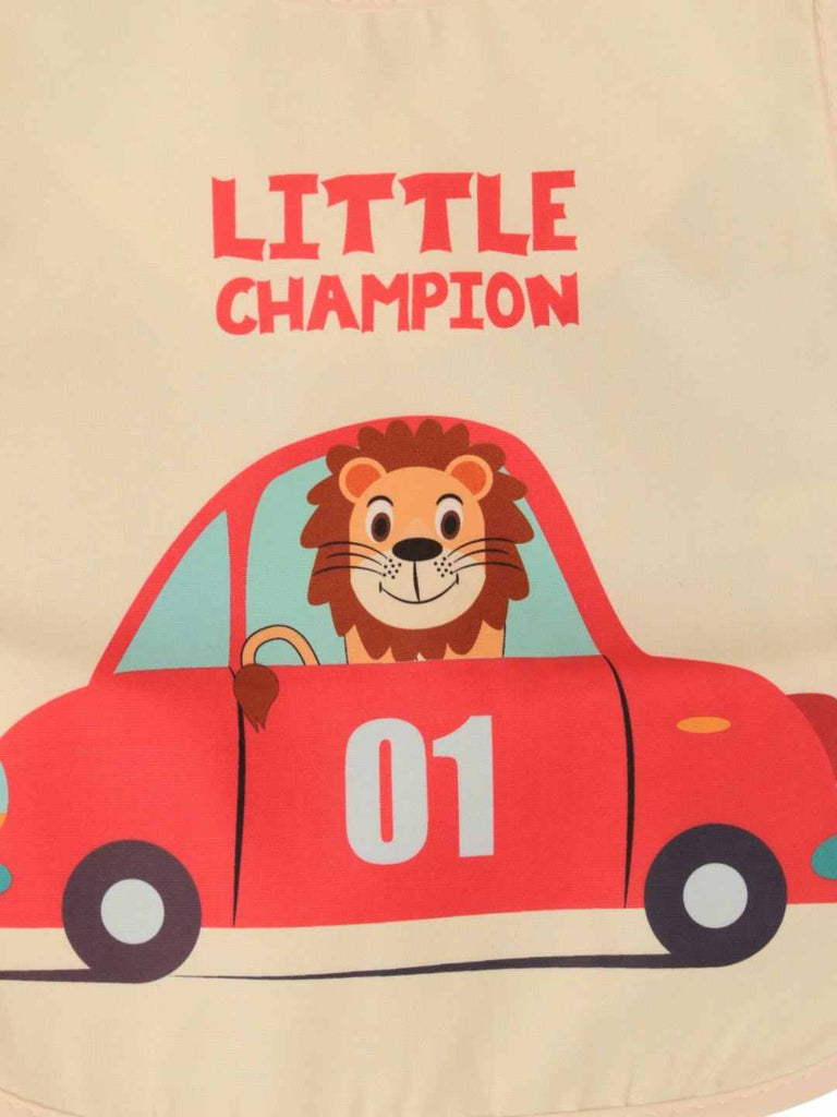 YellowBeeWaterproofBibforBabies_RedCar_LionChampionDesign-CloseUpView
