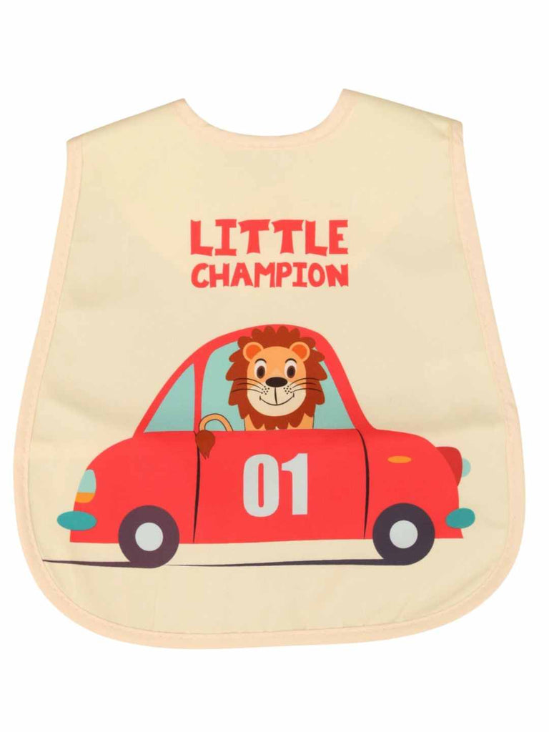 YellowBeeWaterproofBibforBabies_RedCar_LionChampionDesign-FrontView