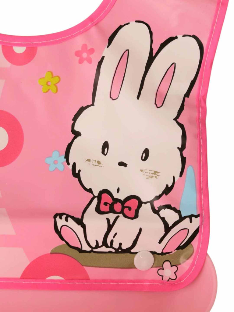 HoppyDaysBabyBib_PinkFeedingBibwithCuteBunnyPrintandCatcherPocket-CloseUpView1