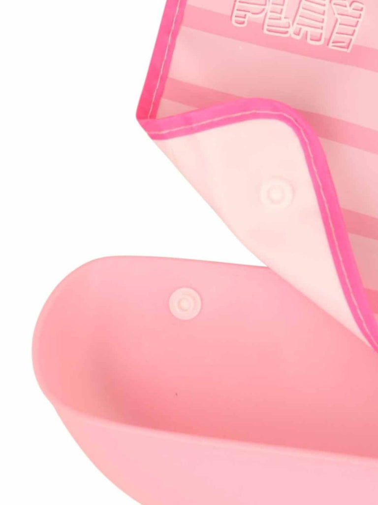 HoppyDaysBabyBib_PinkFeedingBibwithCuteBunnyPrintandCatcherPocket-ShowingTrayView1