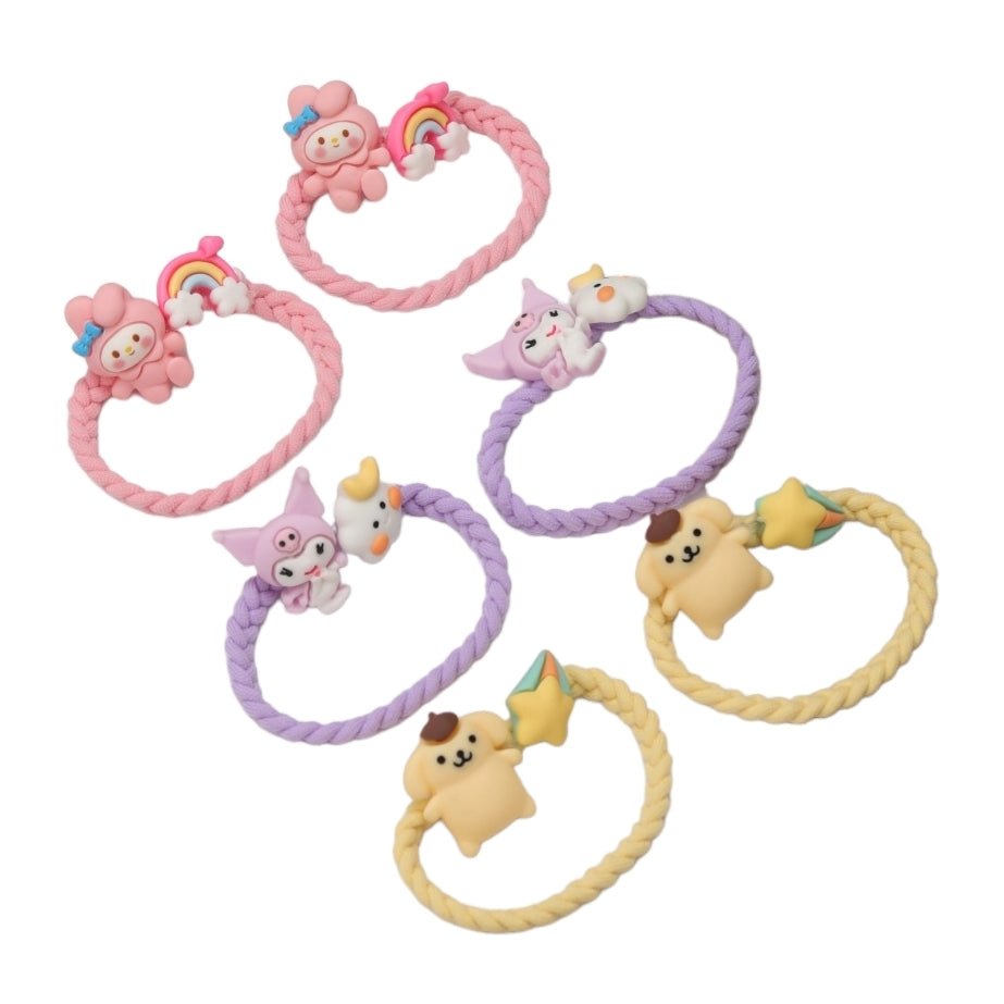 Charming collection of Yellow Bee rubber bands featuring cute bunny and dog embellishments in soft pastel hues, perfect for styling a child's hair with a touch of whimsy.