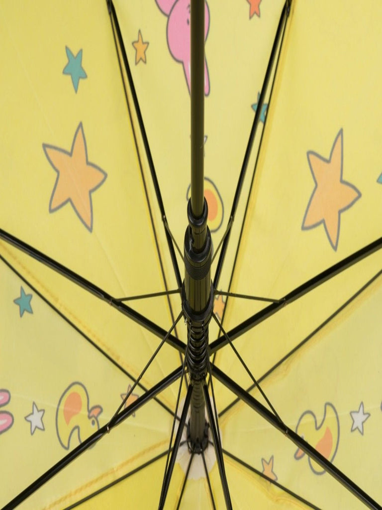 Close up  view of yellow dinosaur-themed umbrella for boys