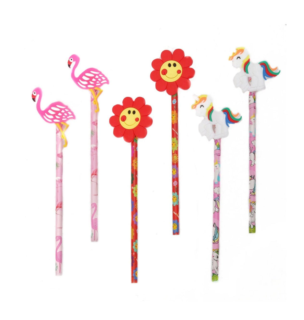 Front view of Yellow Bee's enchanting pencil set with unicorn, flower, and flamingo motifs perfect for gifting.