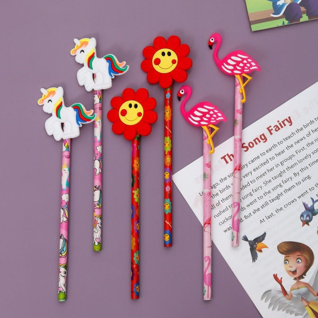 Yellow Bee's pack of 6 pencils with unicorn, flower, and flamingo toppers in vibrant colors for girls.