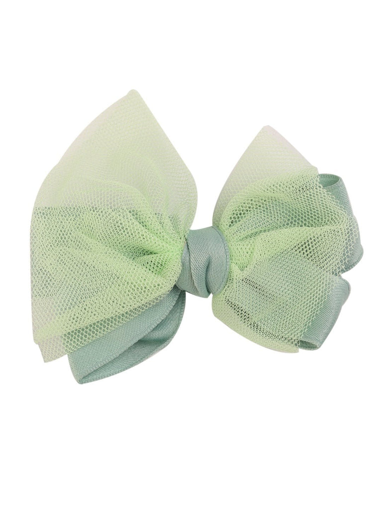 Front view of the charming pastel green tulle hair bow clip for girls with soft layers by Yellow Bee.