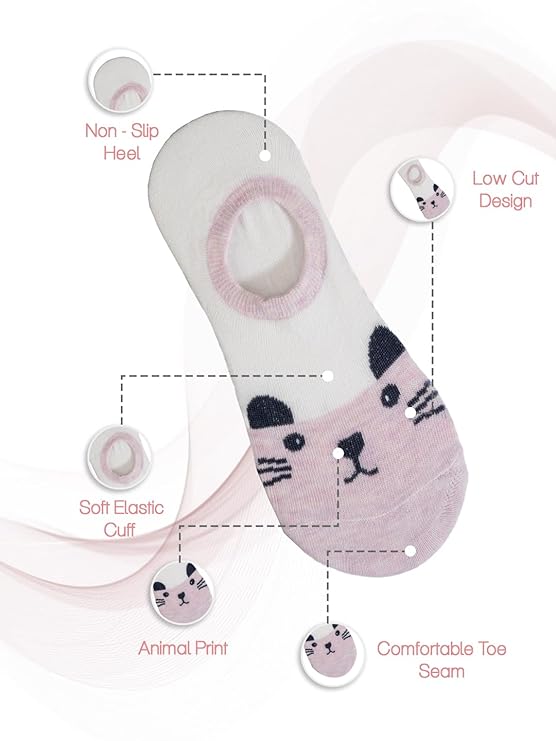 Features of Yellow Bee Pink Invisible Sock with Cat Print and Non-Slip Heel Detail.
