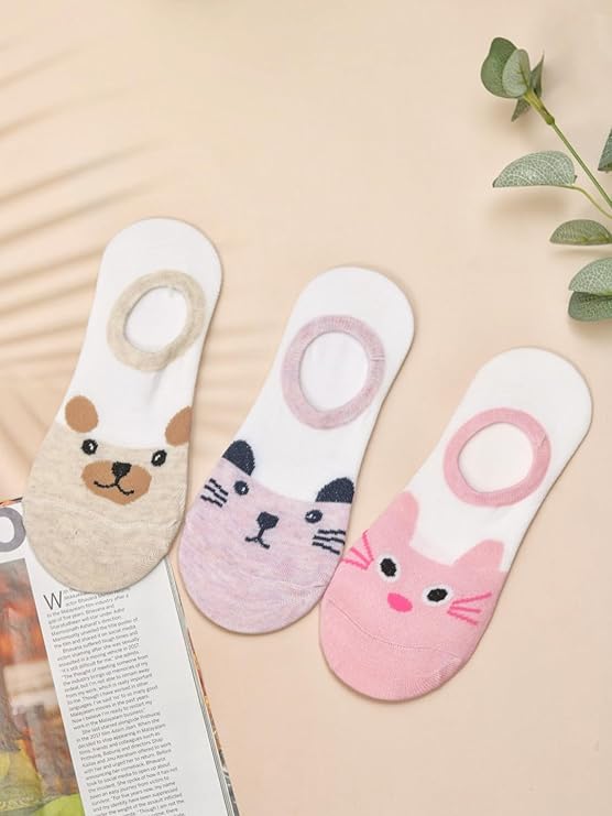Trio of Yellow Bee Low Cut Invisible Socks in Pink, Beige, and Mauve with Cute Animal Designs.