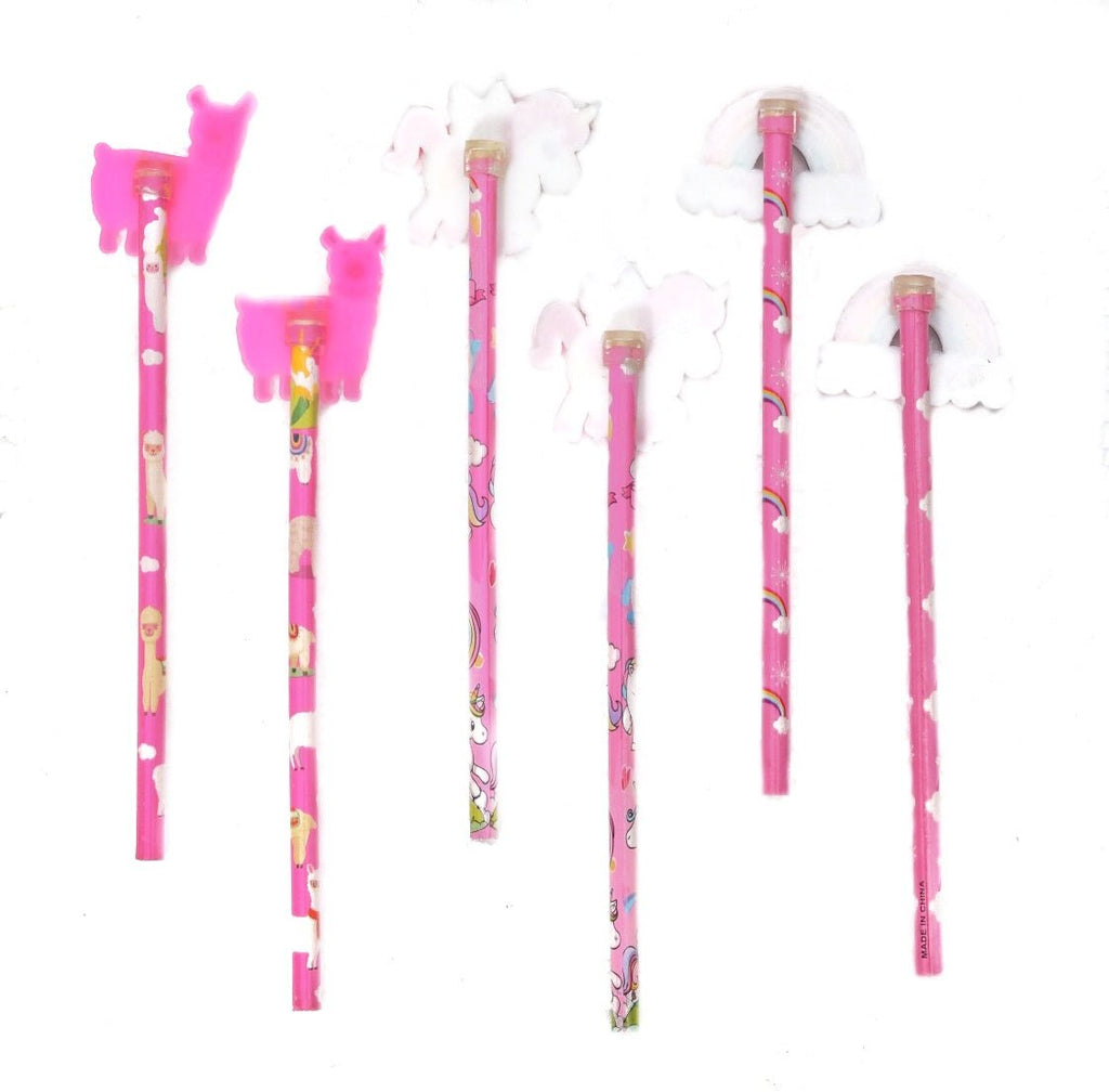 Back view of Yellow Bee's playful pencil set featuring rainbows, unicorns, and llamas against a pink background.