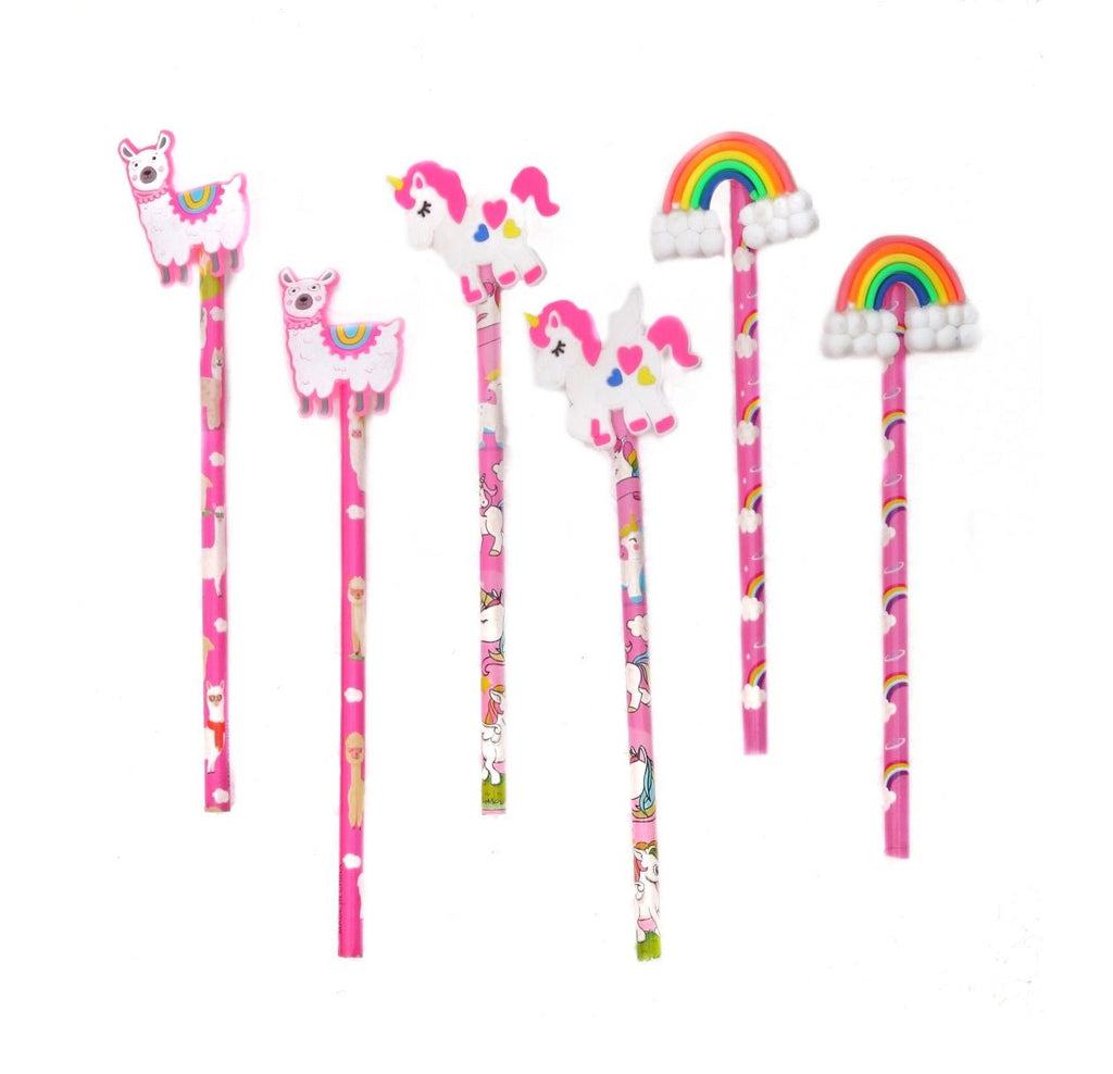 Front view of Yellow Bee's playful pencil set featuring rainbows, unicorns, and llamas against a pink background.