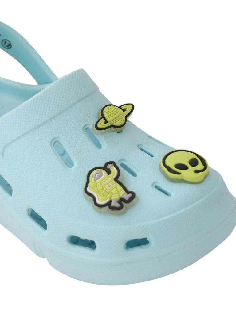 Whimsical Space-Themed Glow-in-the-Dark Alien & Space Charms Clogs for Boys-Blue-Close up view