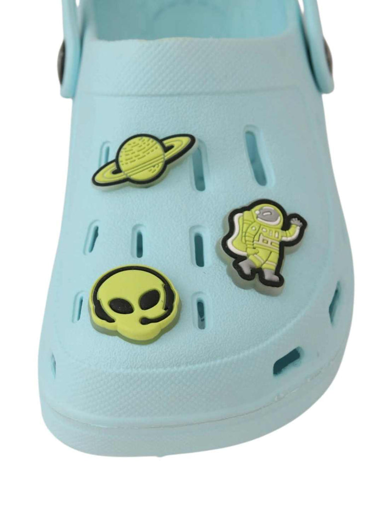 Whimsical Space-Themed Glow-in-the-Dark Alien & Space Charms Clogs for Boys-Blue-Front View