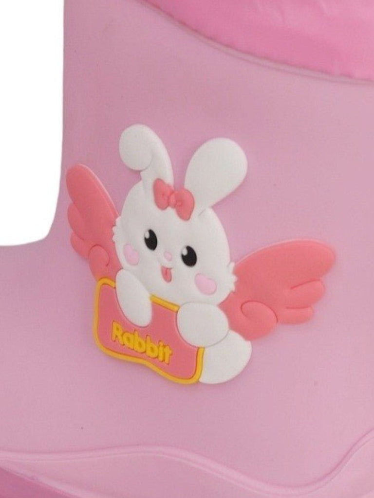 Close Up view of the bunny with wings detail on Yellow Bee's Pink Rain Boots.