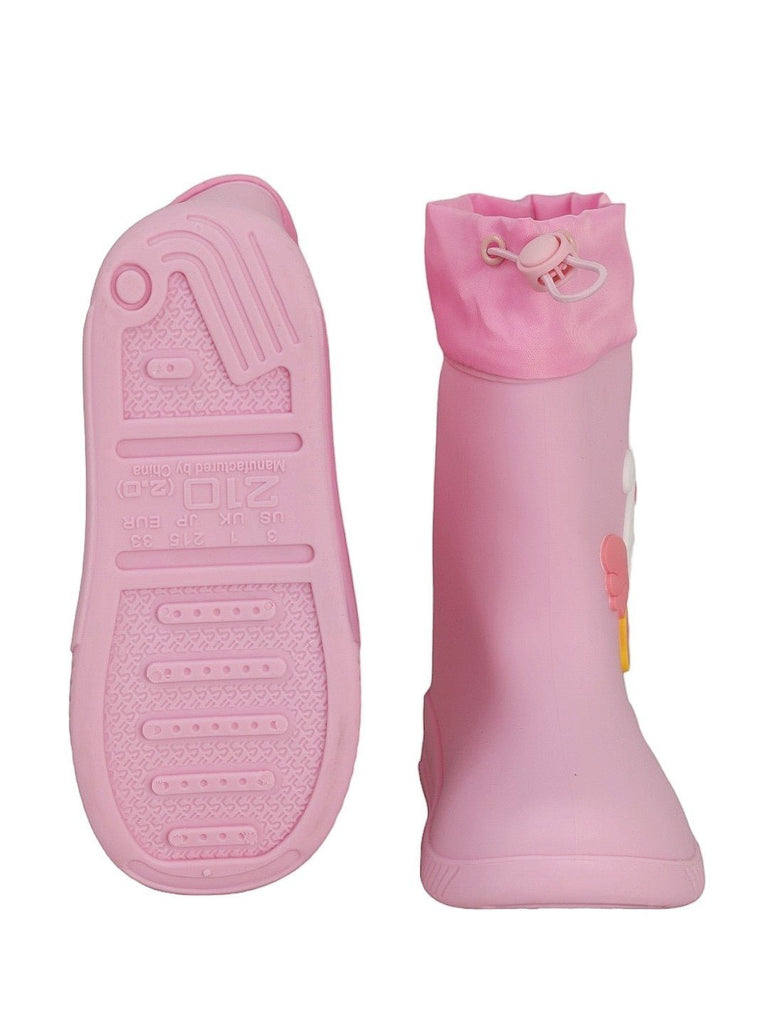 Front and back view of the Whimsical Wings Pink Bunny Rain Boots, highlighting the detailed design and robust construction.