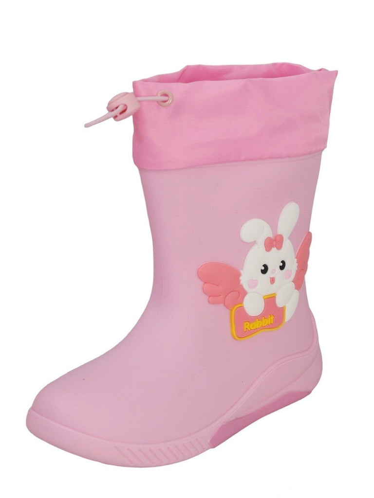 Front angle view of the Pink Bunny Rain Boots by Yellow Bee, showcasing the fun and girly style.