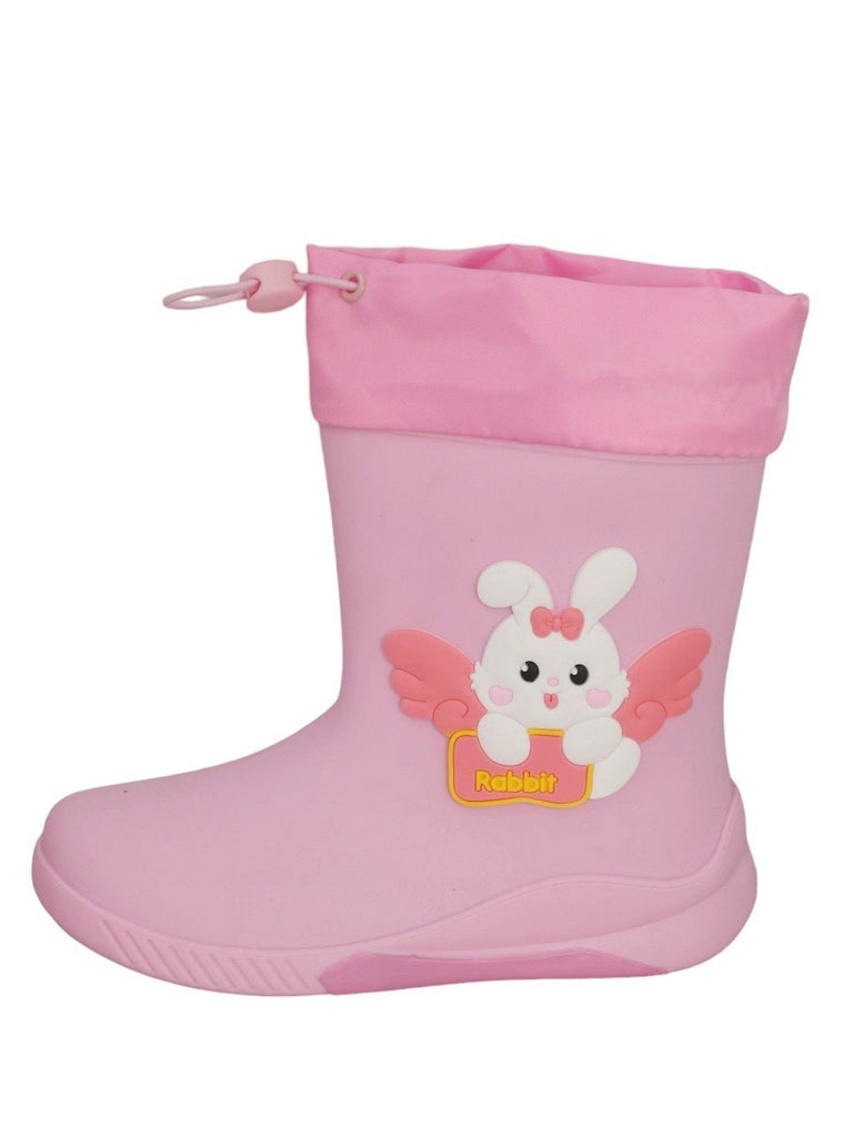 Side view of Yellow Bee's Whimsical Wings Pink Bunny Rain Boots for Girls.