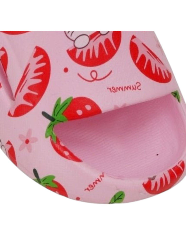 whimsy-paws-strawberry-and-cat-print-pink-sandals-close up view